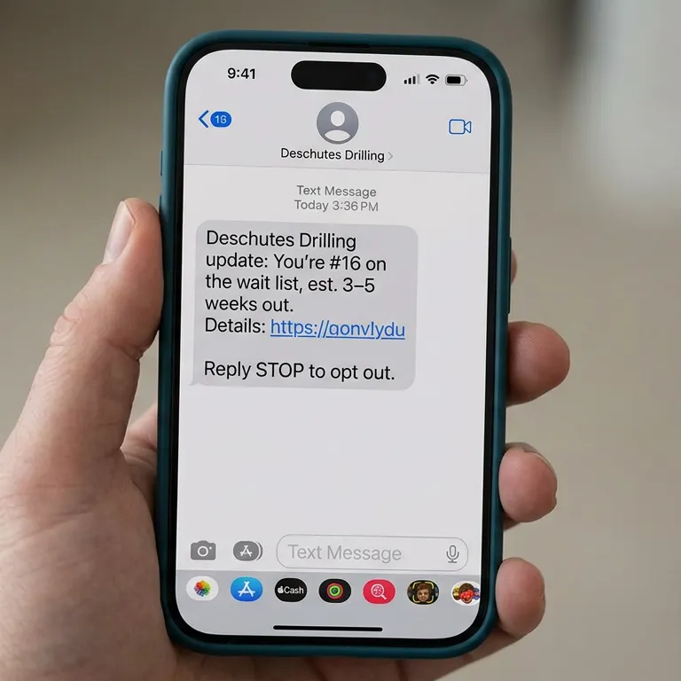 A hand holds a phone showing a sample DrillList wait-list update text message.